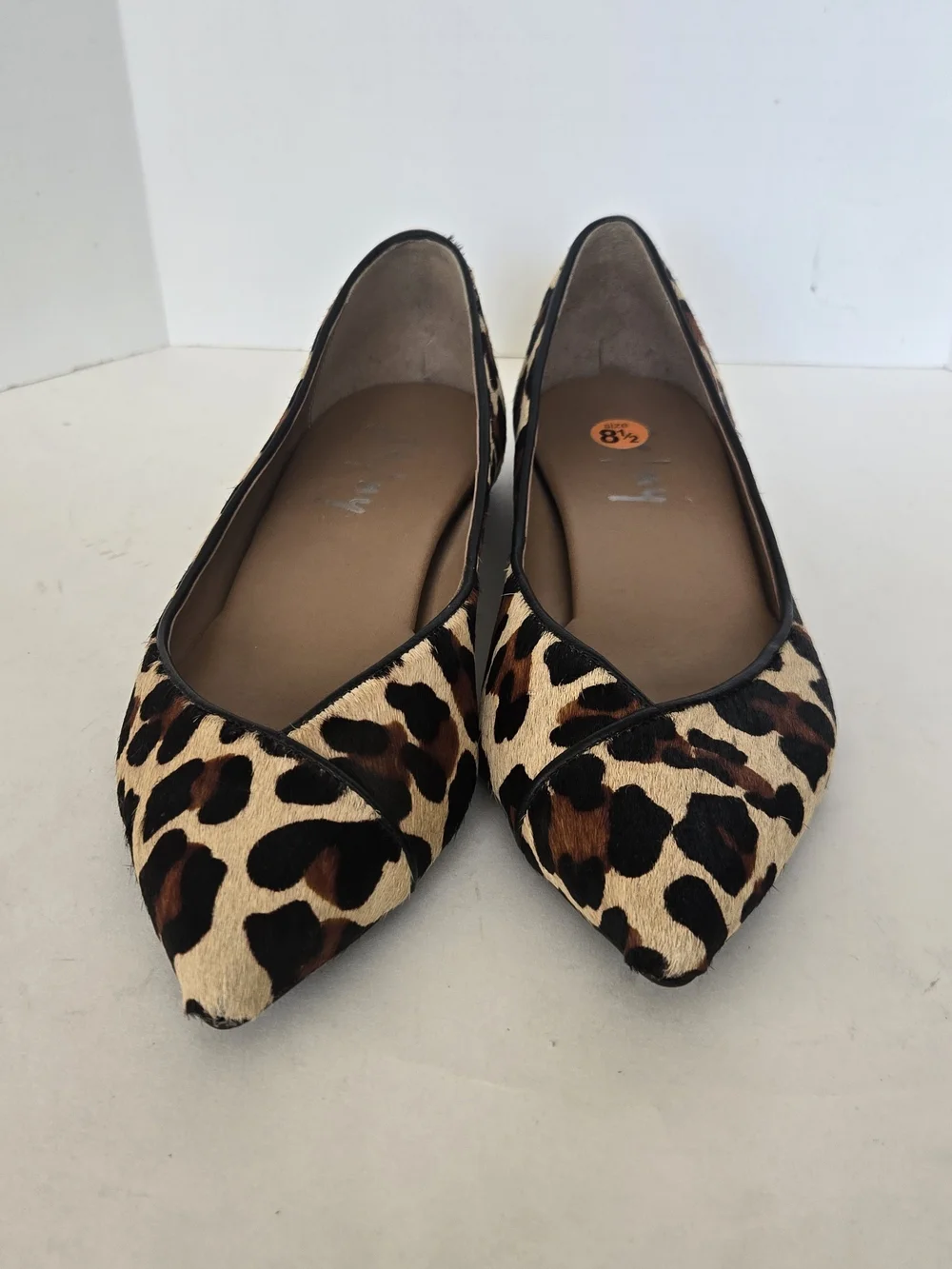 French Sole Leopard-Print Calf Hair Pointed Flats in Tan and Brown